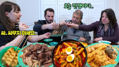 Canadian Family Fights Over Korean Street Food! Tteokbokki, Sundae, Twigim, Fish Cake Mukbang